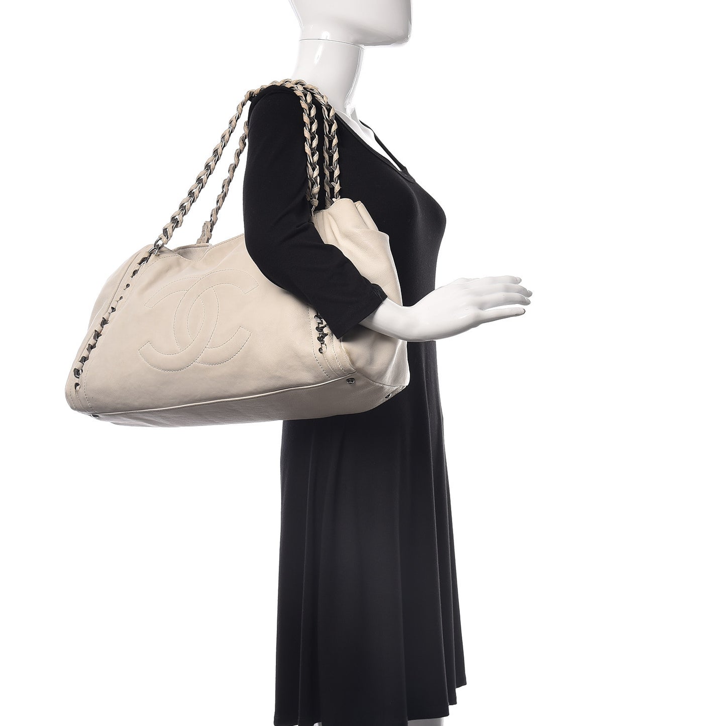 Calfskin Large East West Modern Chain Tote White