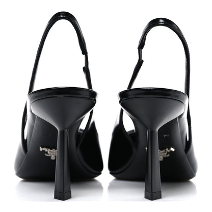 Prada Spazzolato Triangle Logo Pointed Toe 75mm Slingback Pumps 37.5 Black 6 of 10