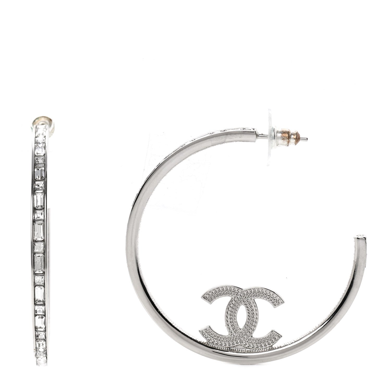 Chanel Metal Crystal Baguette CC Large Hoop Earrings Silver 1 of 5
