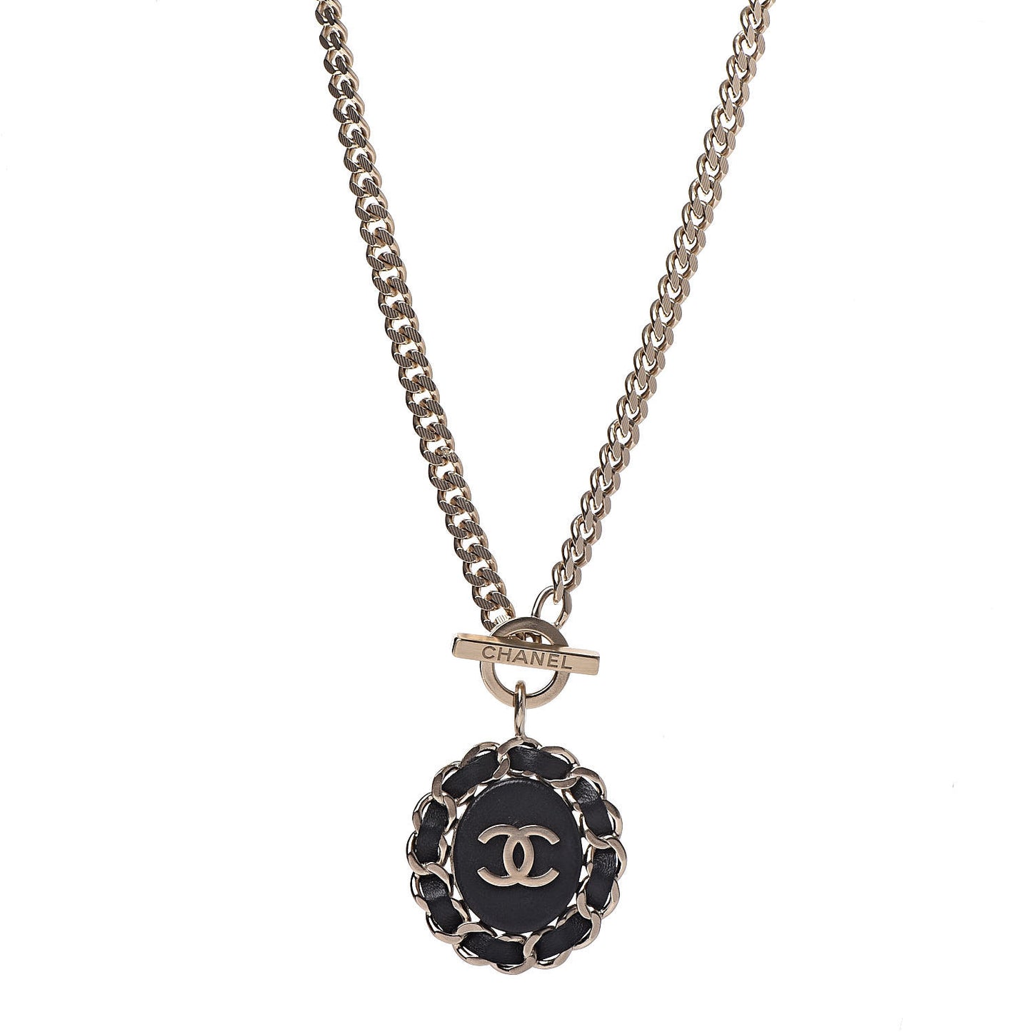Lambskin CC Chain Pendant Necklace Gold Black