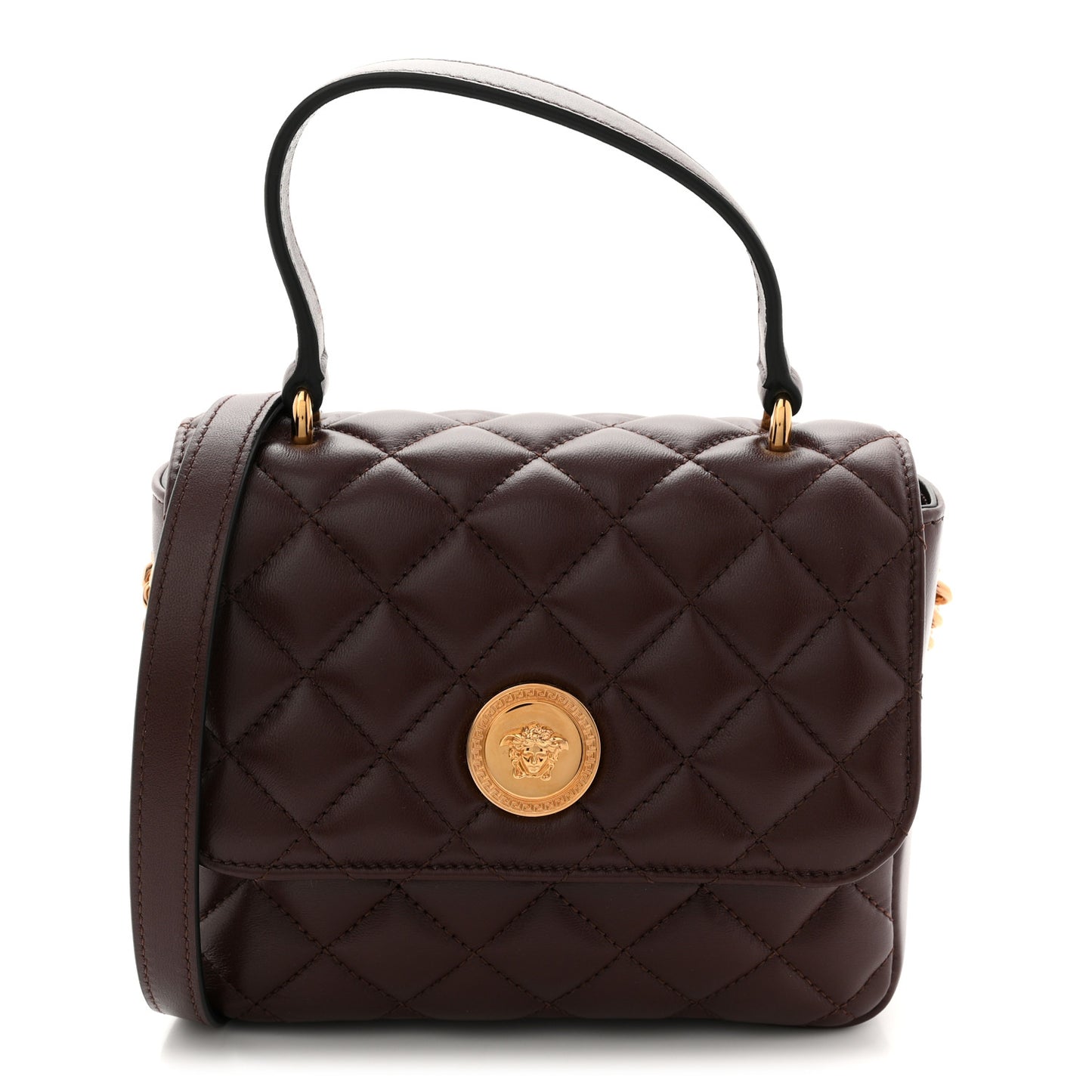 Nappa Quilted Medusa Top Handle Crossbody Flap Dark Brown