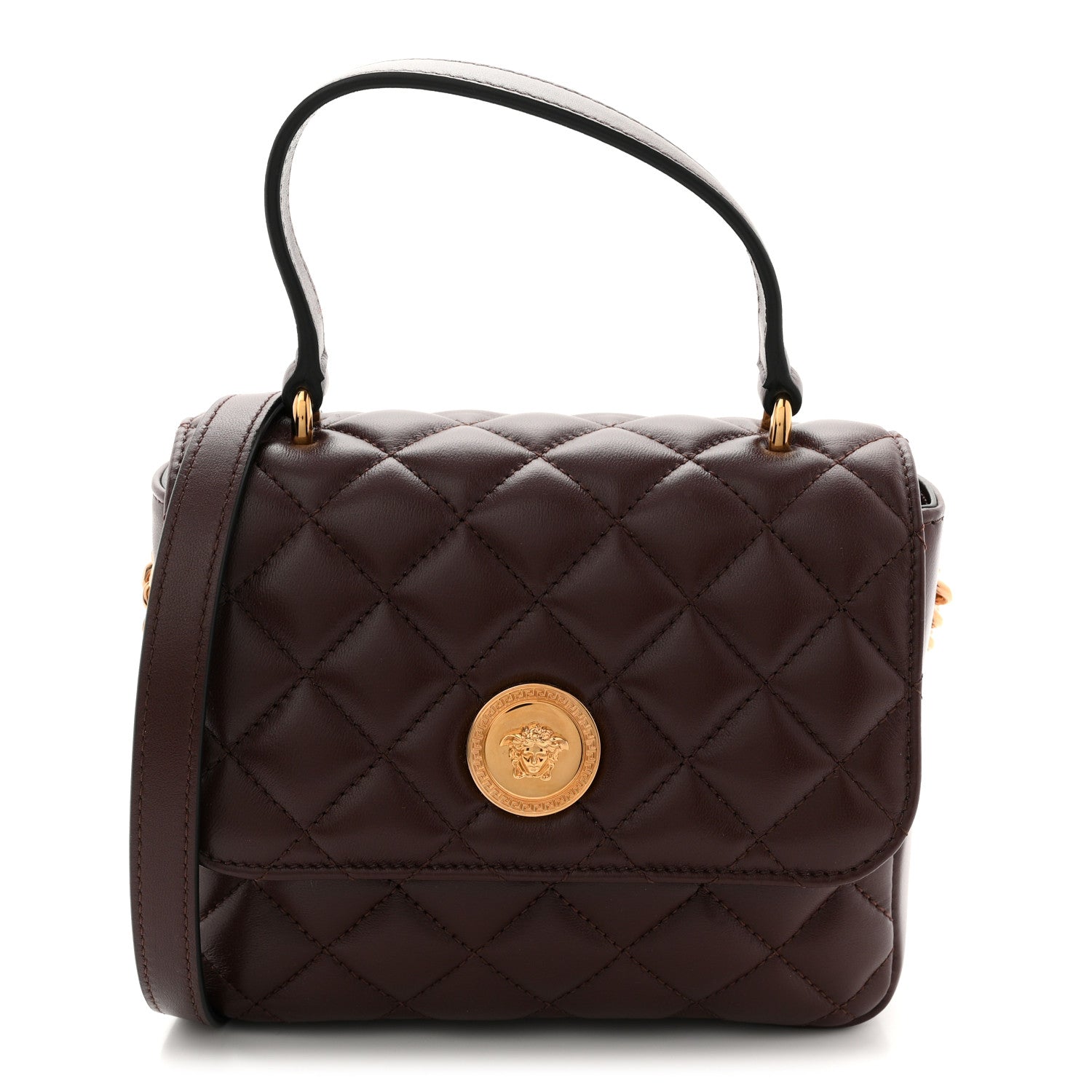 Versace Nappa Quilted Medusa Top Handle Crossbody Flap Dark Brown 1 of 10