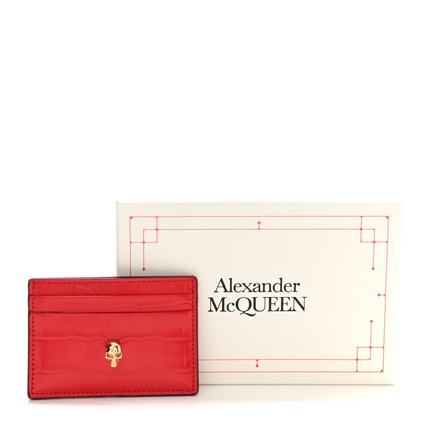 Calfskin Crocodile Embossed Skull Card Holder Scarlet Red