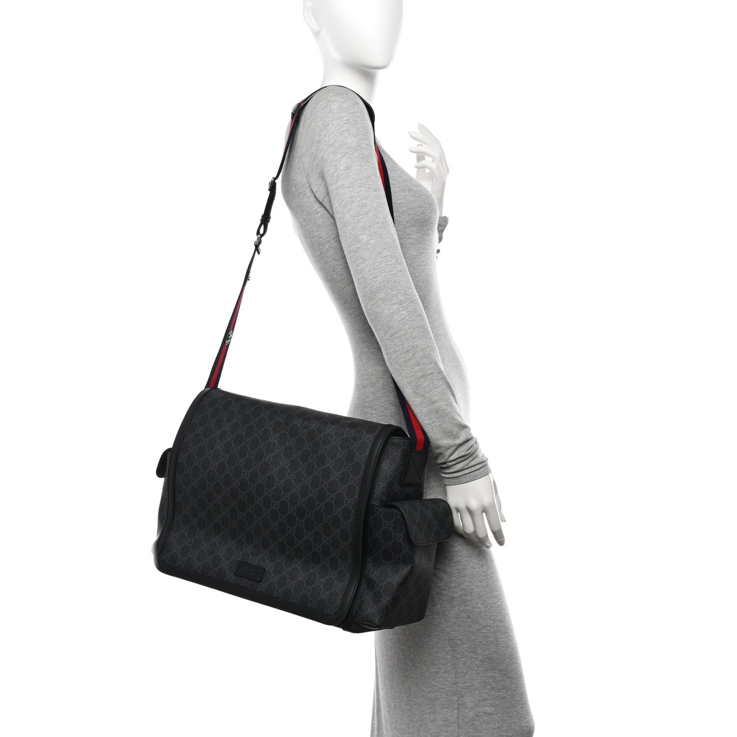 GG Supreme Monogram Web Messenger Diaper Bag Black Grey