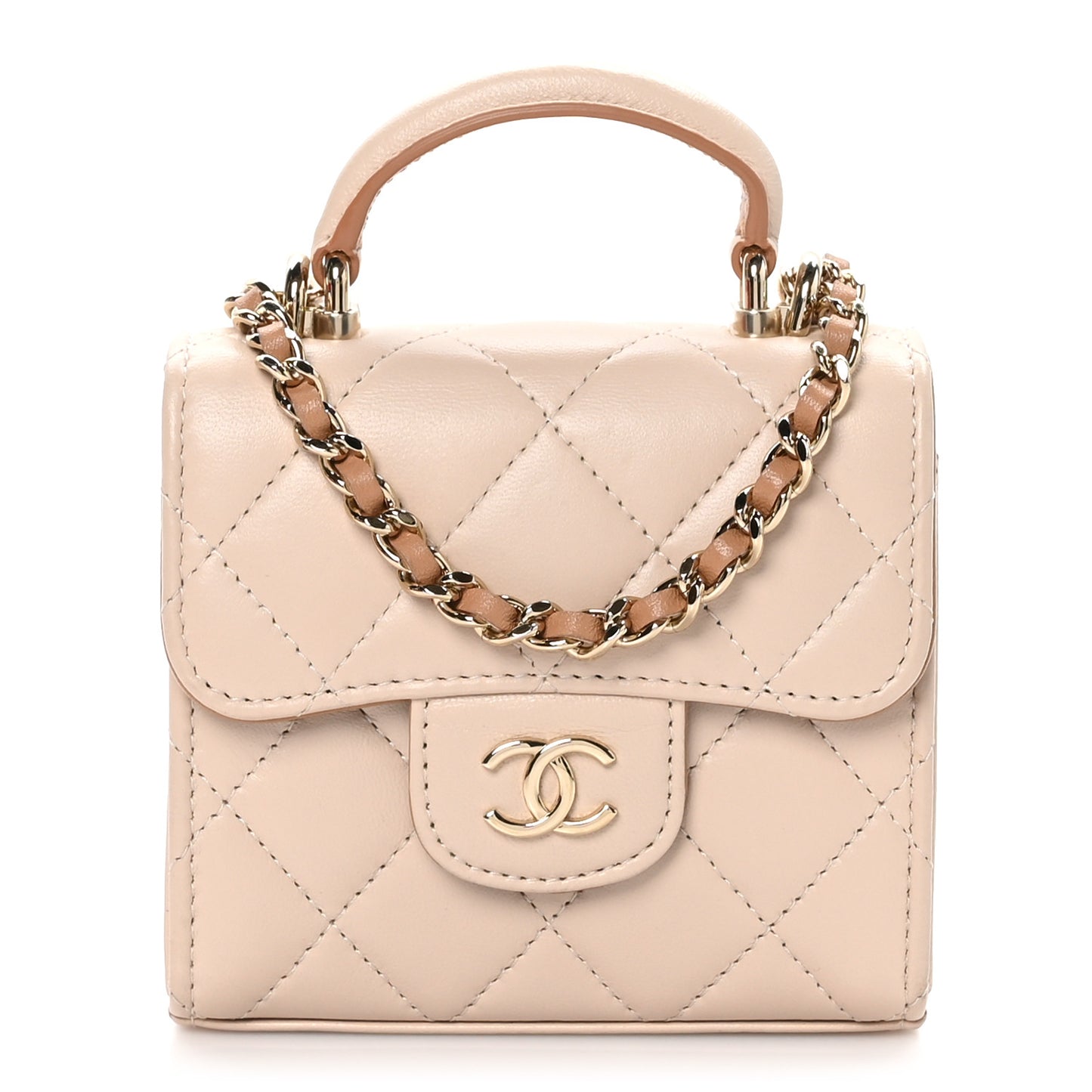 Lambskin Quilted Bi-Color Top Handle Clutch With Chain Beige Brown