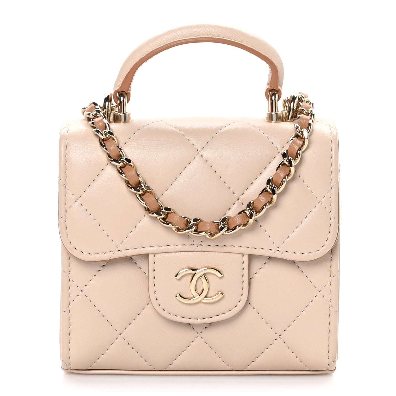 Chanel Lambskin Quilted Bi-Color Top Handle Clutch With Chain Beige Brown 1 of 12