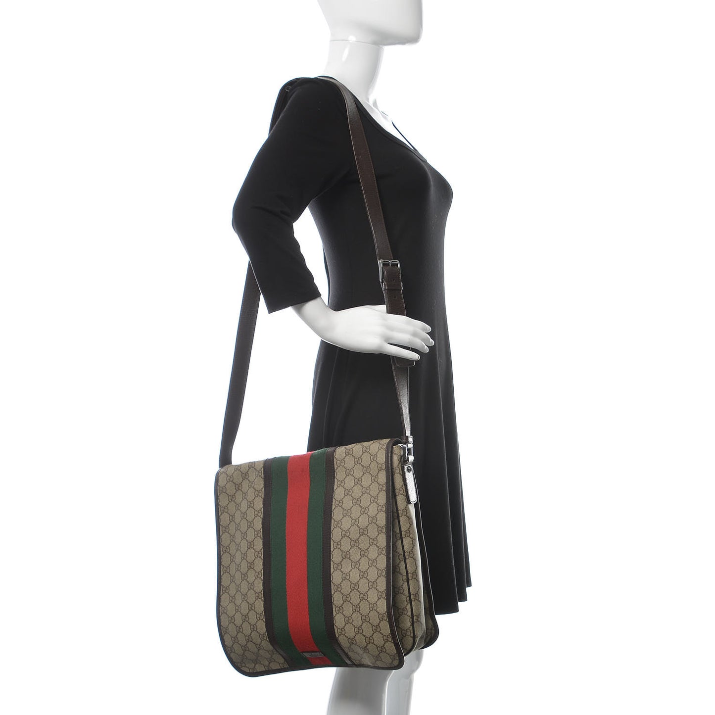 GG Plus Monogram Web Large Flap Messenger Bag Beige Dark Brown