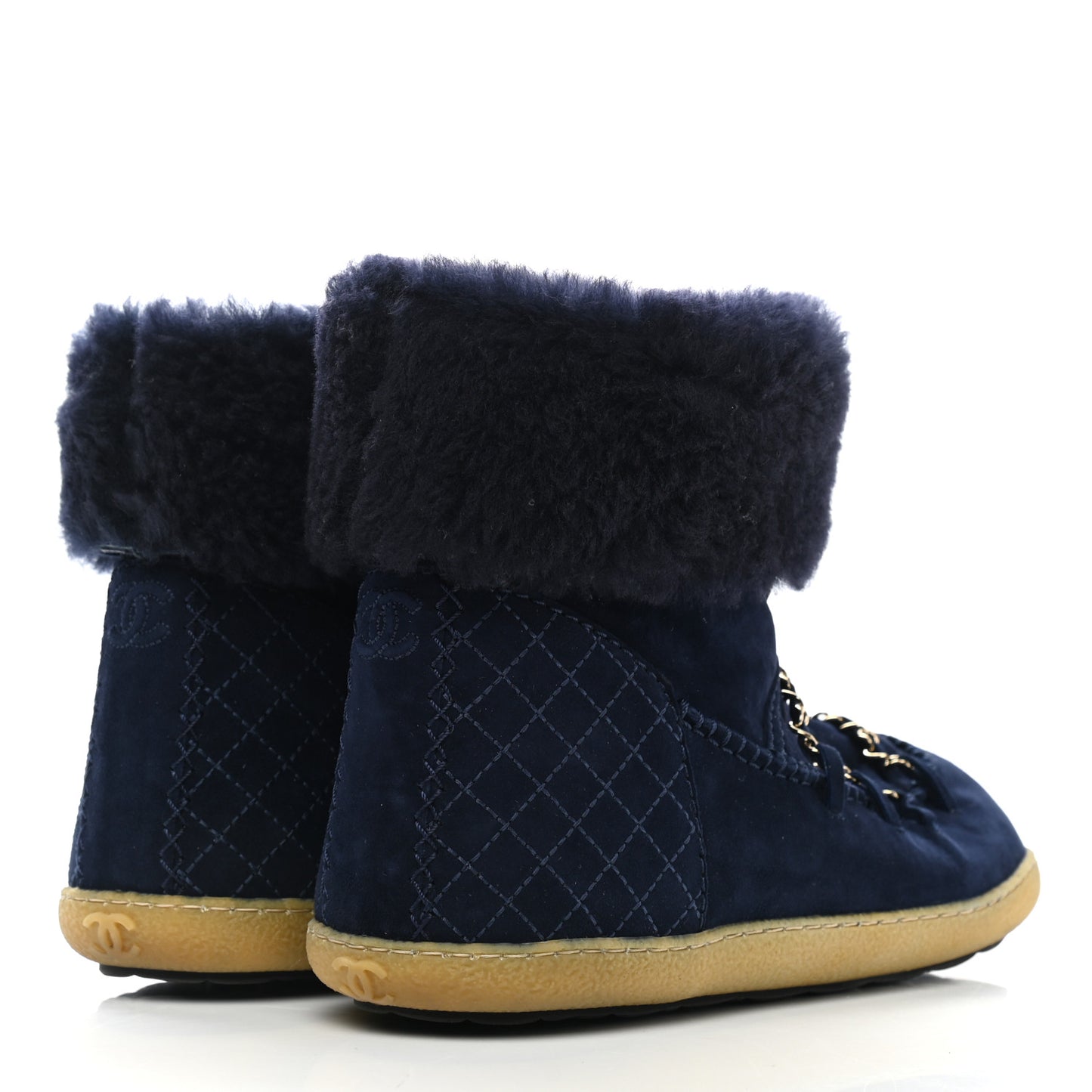 Suede Shearling Chain Link Short Boots 39.5 Navy