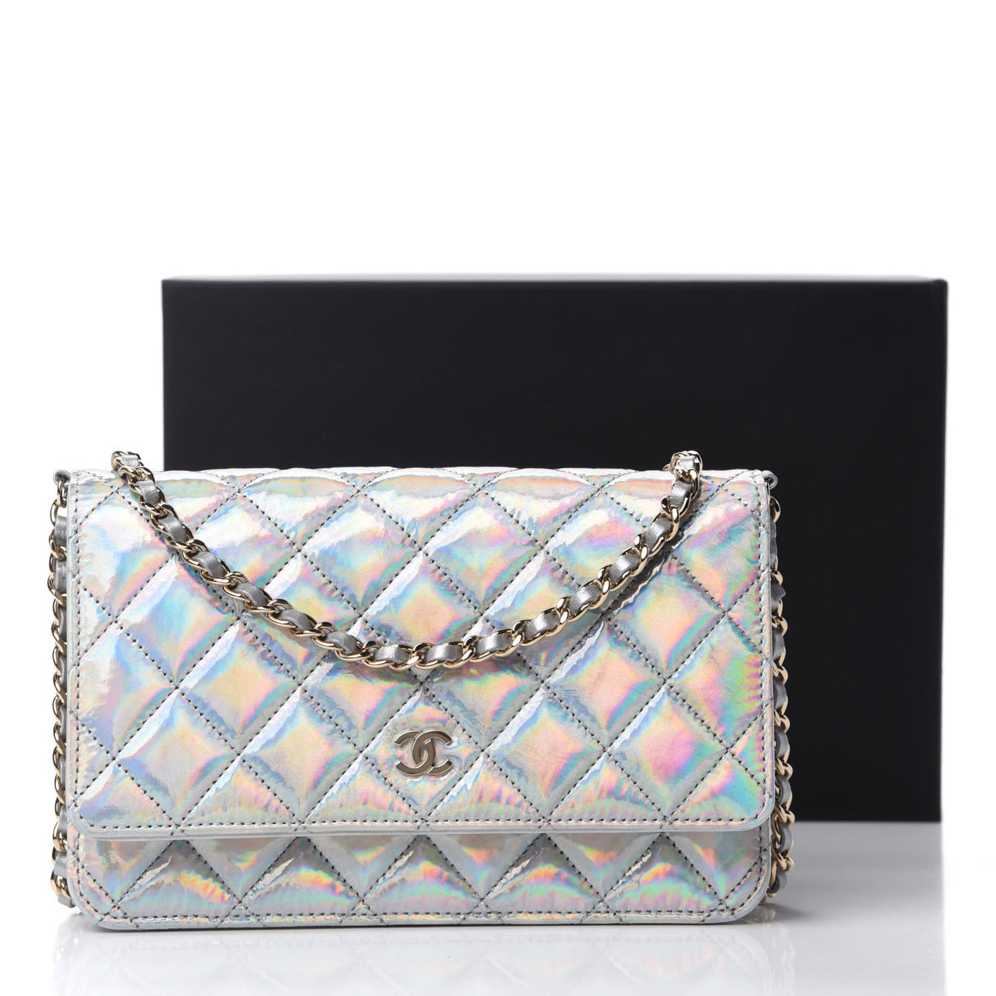Iridescent Goatskin Quilted Wallet On Chain WOC Silver