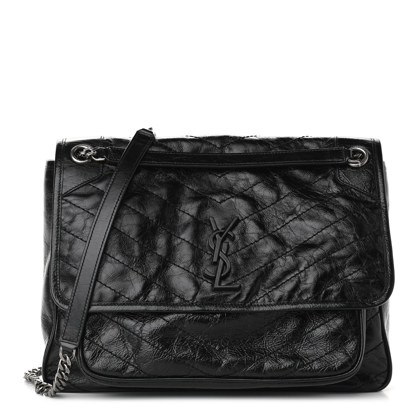 Crinkled Calfskin Matelasse Monogram Large Niki Chain Satchel Black