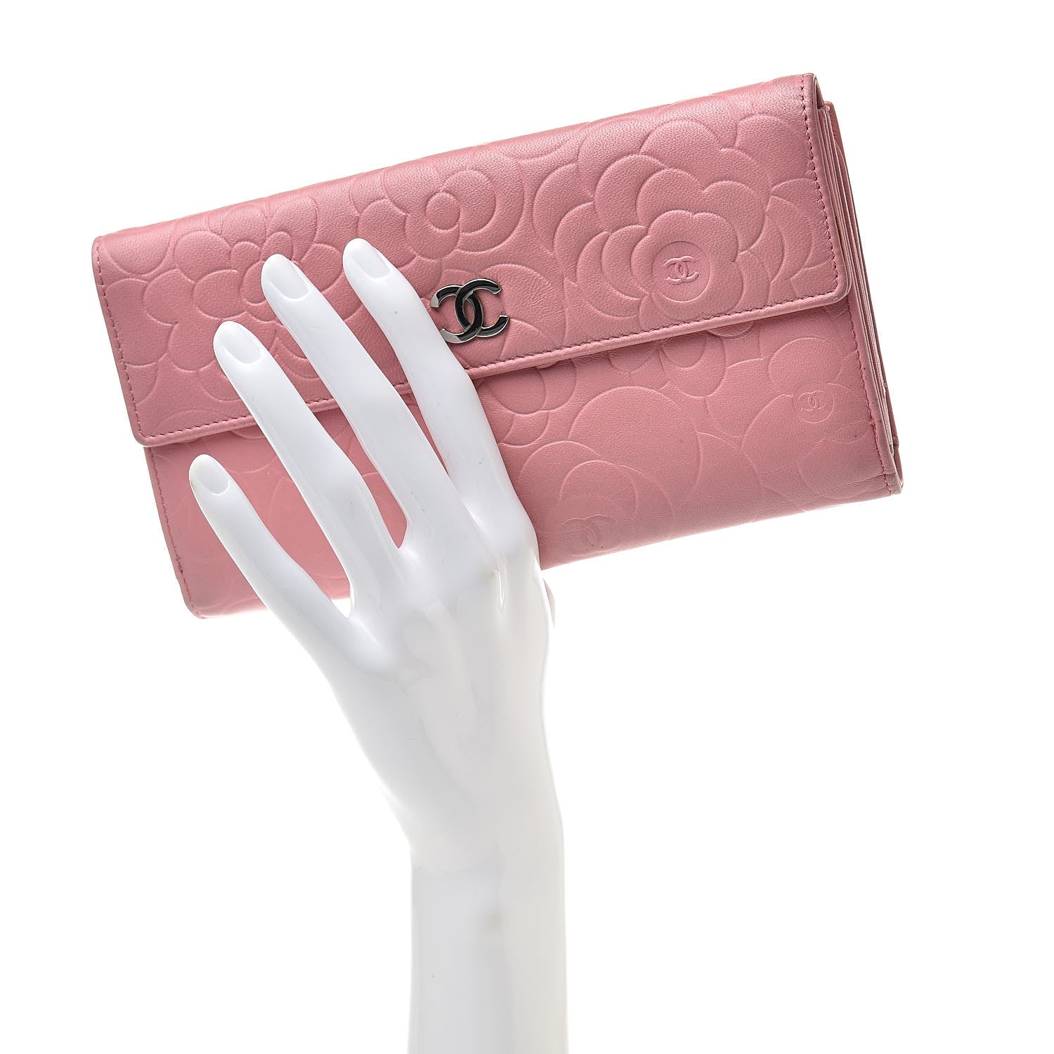 Chanel Lambskin Camellia Embossed Long Double Wallet Pink 2 of 19