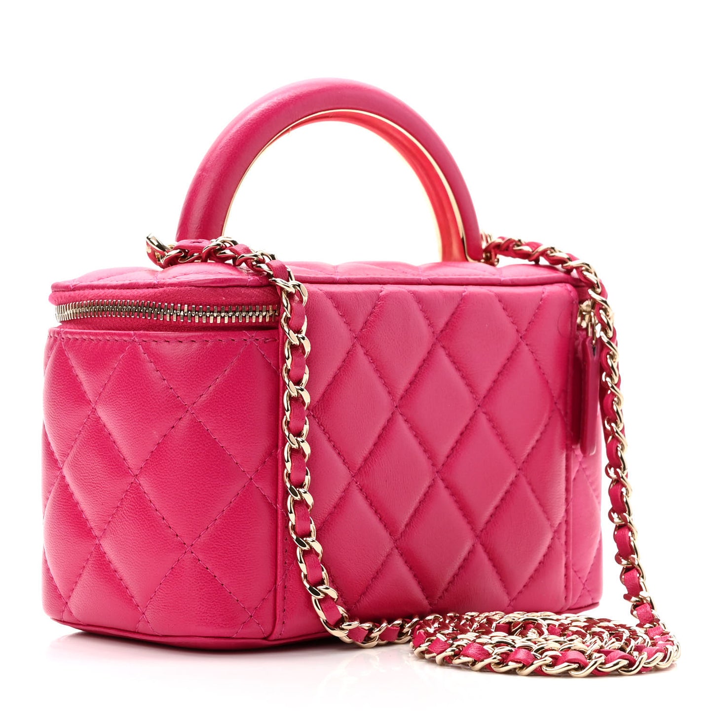 Lambskin Quilted Small Top Handle Vanity Case With Chain Dark Pink