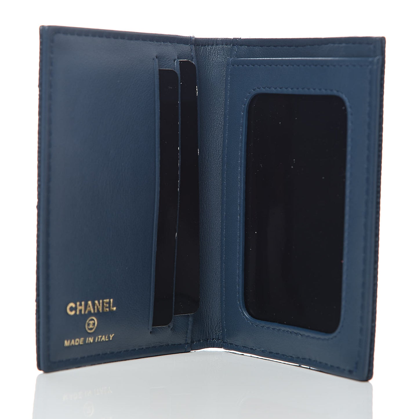 Metallic Caviar Quilted Card Holder Wallet Dark Blue
