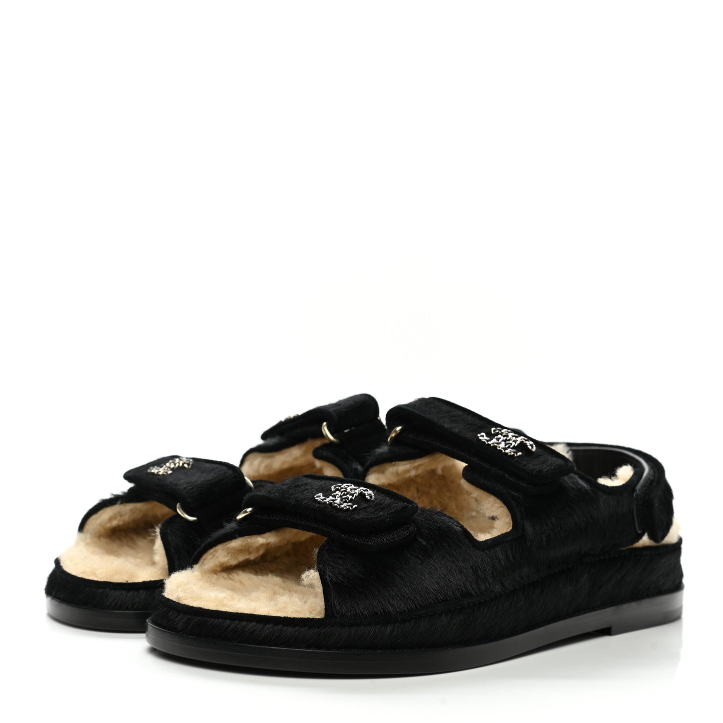 Calfskin Hair Suede Shearling Dad Sandals 39 Black