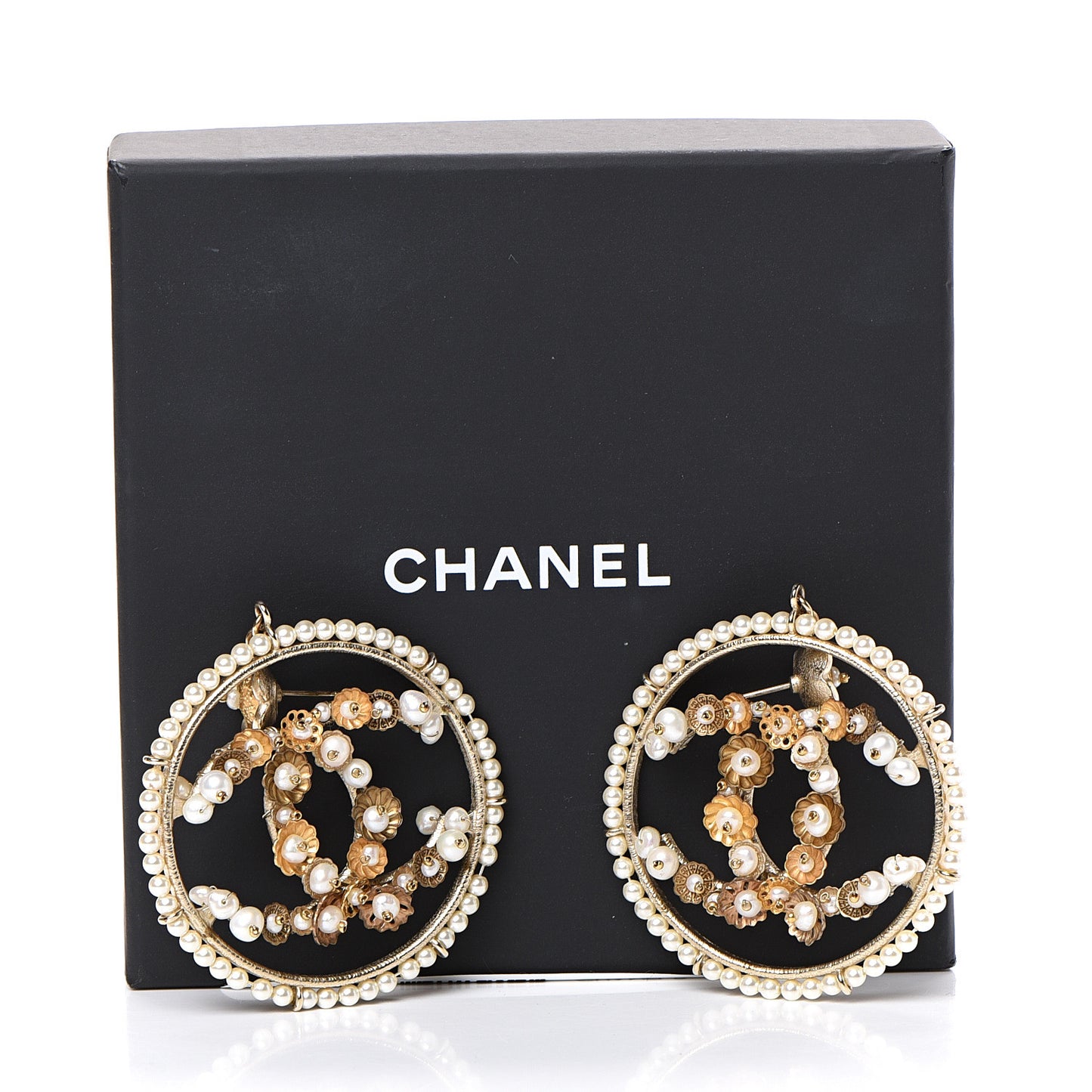 Pearl CC Drop Hoop Earrings Light Gold