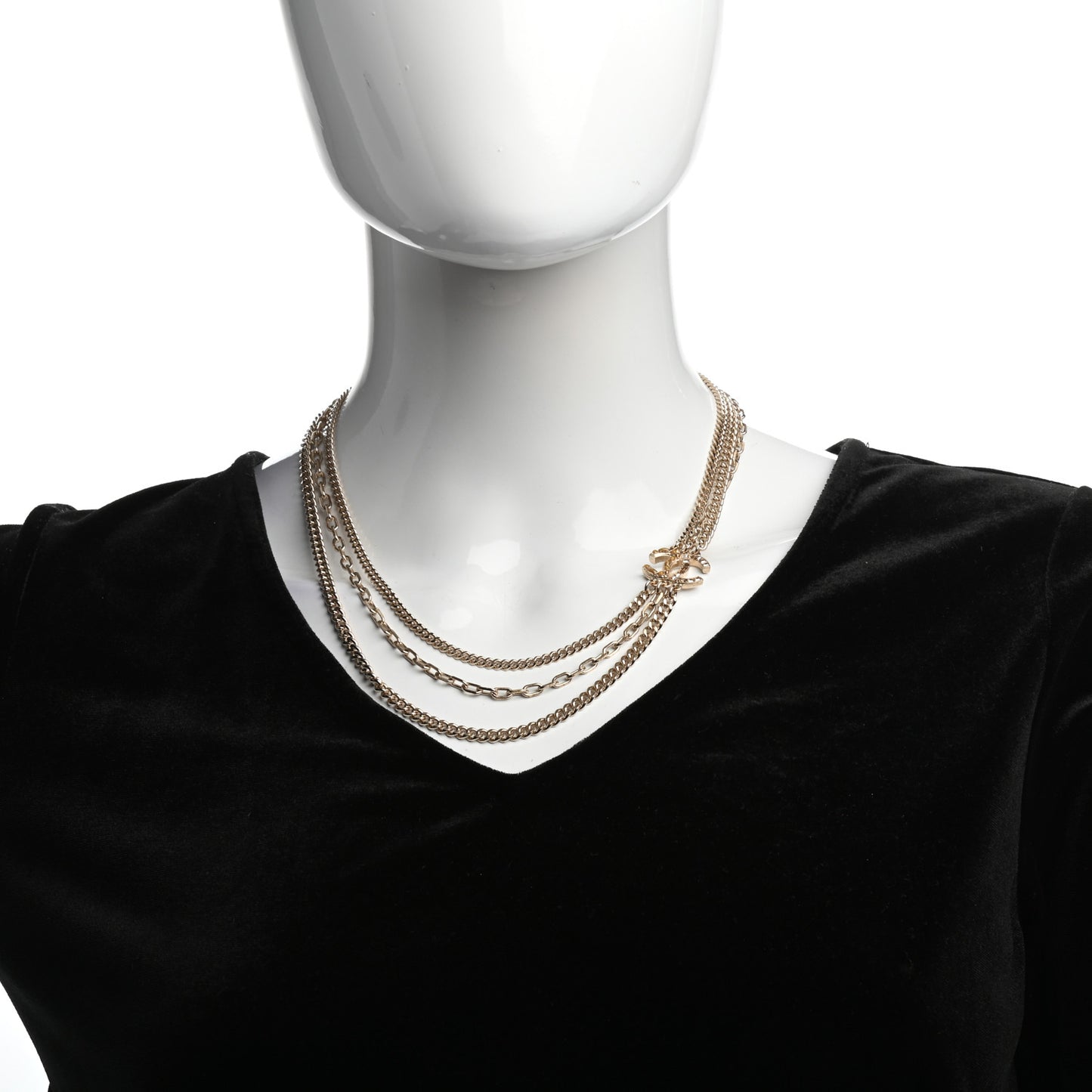 Baguette Crystal Gripoix Poured Glass CC Multi Strand Chain Necklace Light Gold