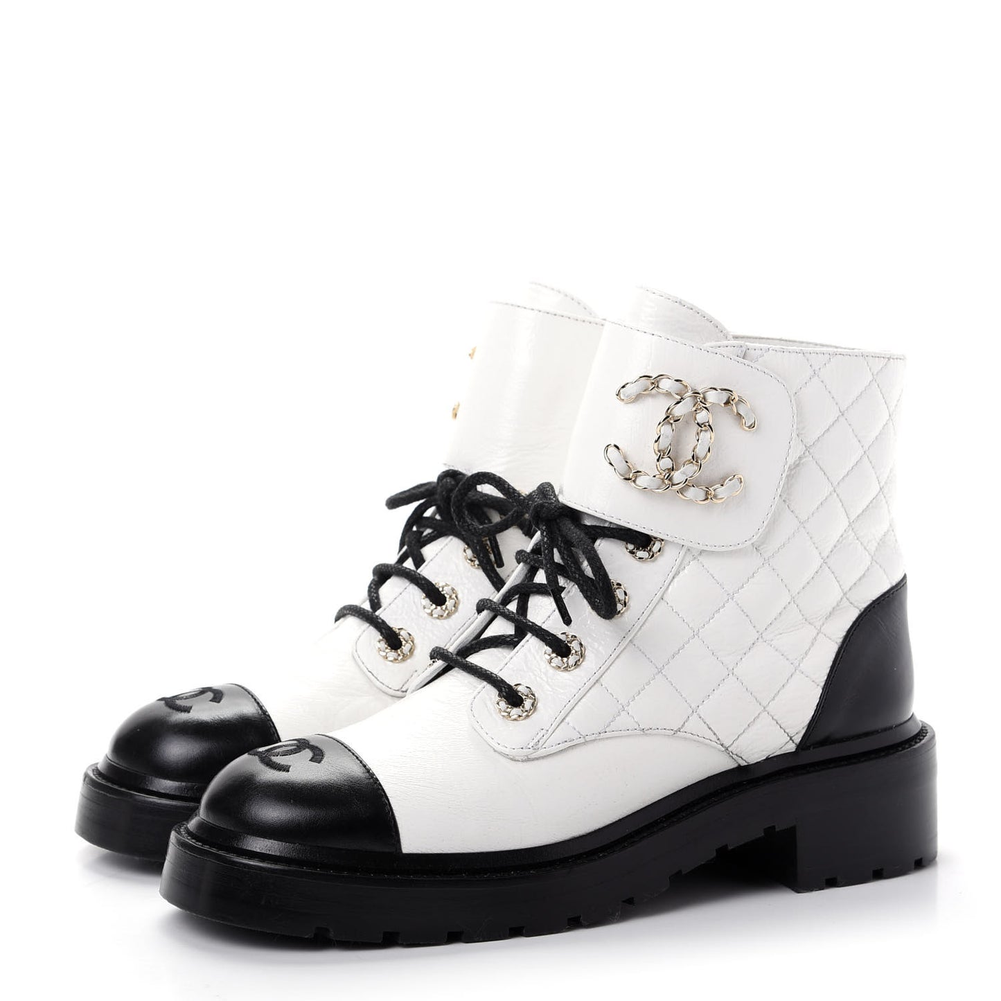 Shiny Goatskin Calfskin Quilted Lace Up Combat Boots 38.5 White Black