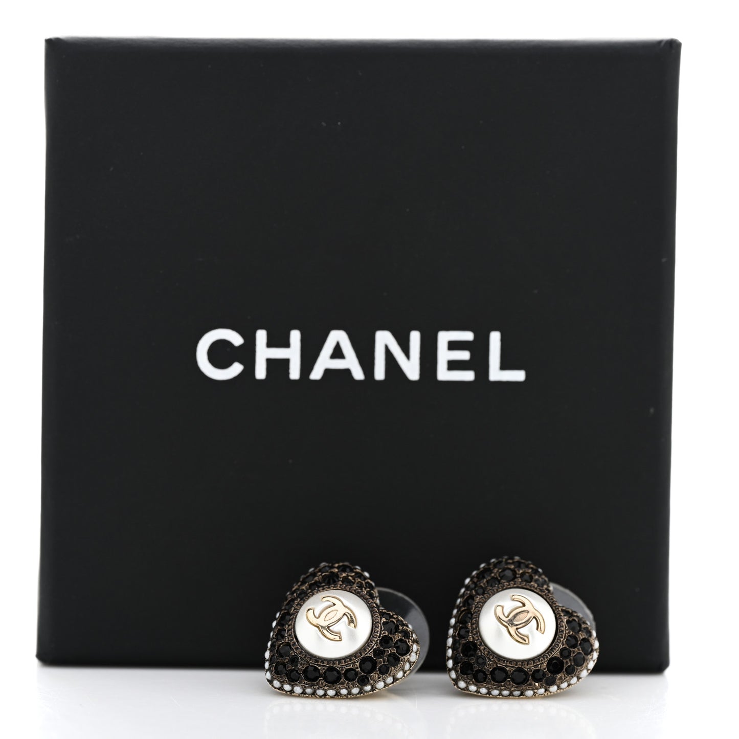Pearl Crystal CC Heart Earrings Gold Black