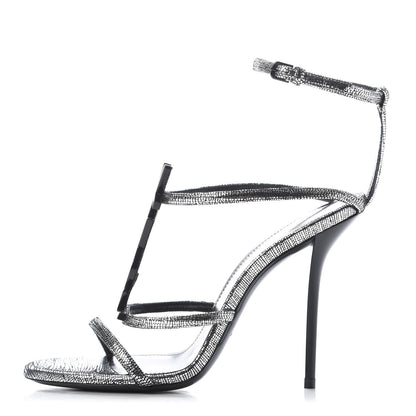 Saint Laurent Metallic Calfskin Cassandra 110 Ankle Strap Sandals 37 Argento 1 of 11
