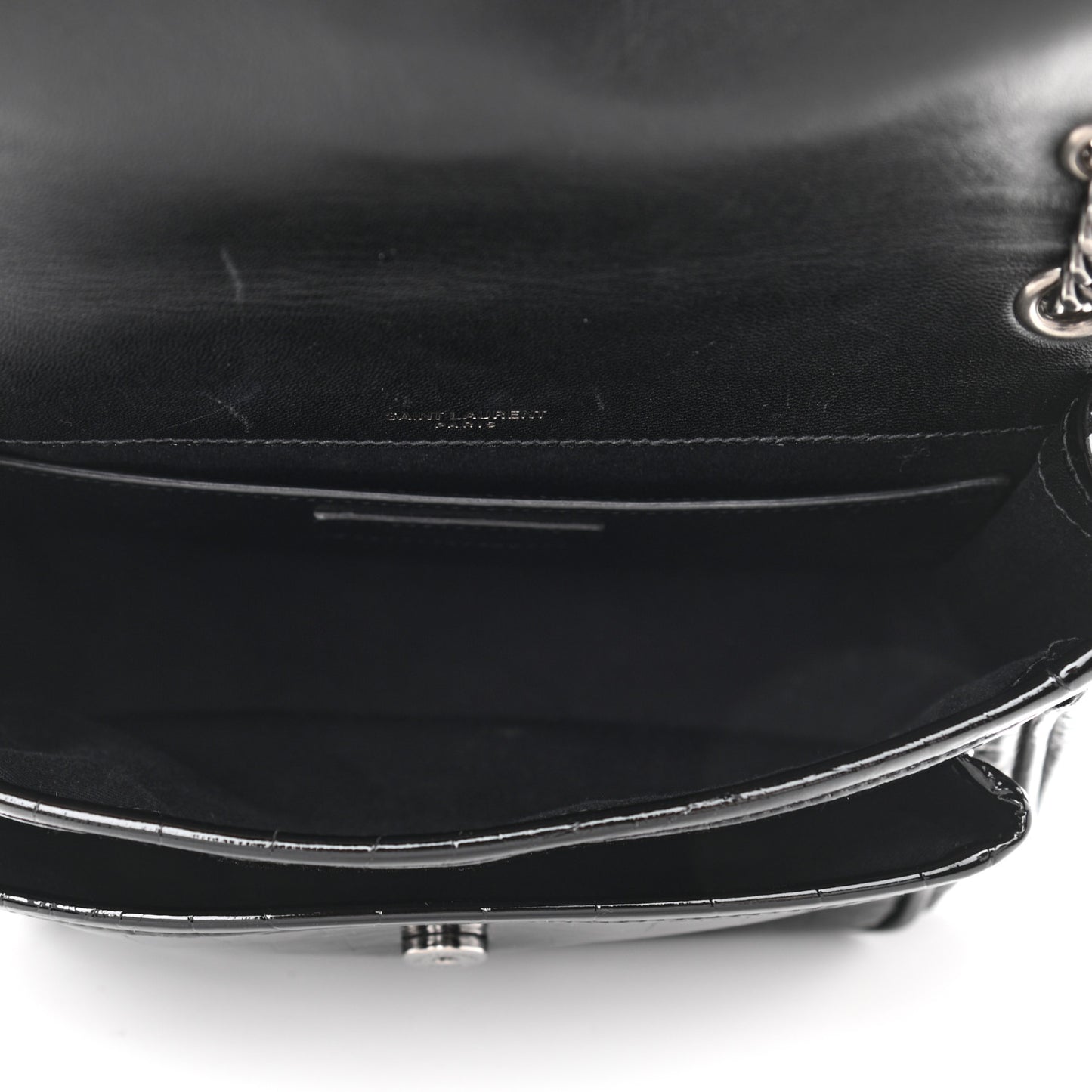 Patent Crocodile Embossed Lambskin Monogram Baby Niki Chain Satchel Black