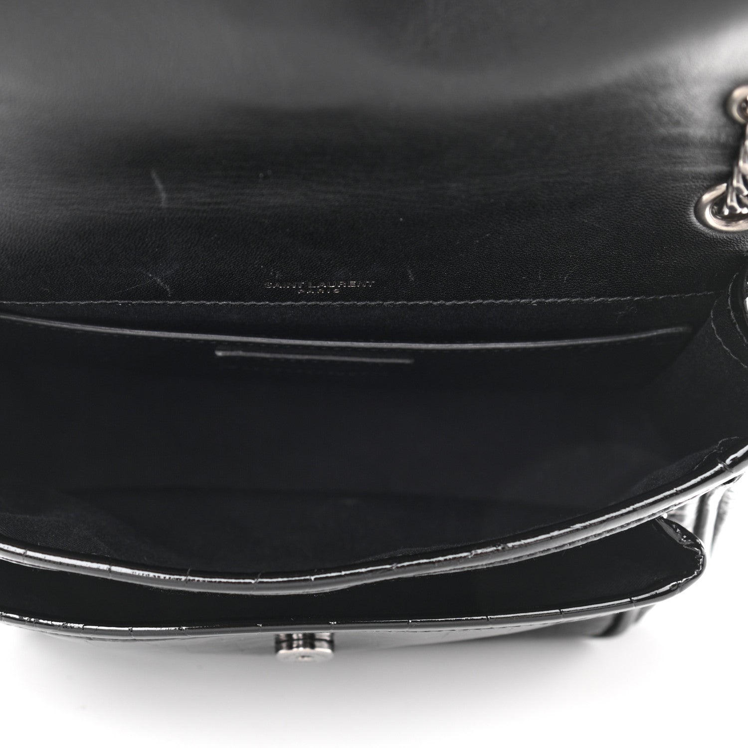 Saint Laurent Patent Crocodile Embossed Lambskin Monogram Baby Niki Chain Satchel Black 4 of 12