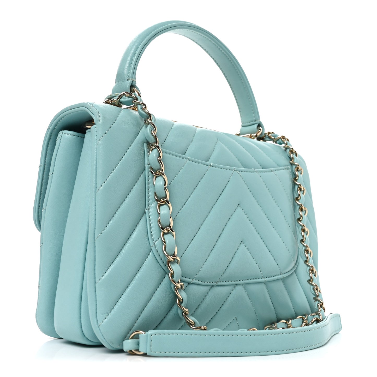 Lambskin Chevron Quilted Small Trendy CC Flap Dual Handle Bag Light Green