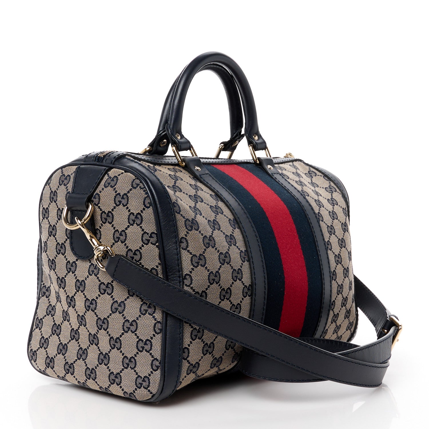 Gucci Monogram Selleria Calfskin Vintage Web Medium Boston Beige Blue 3 of 16