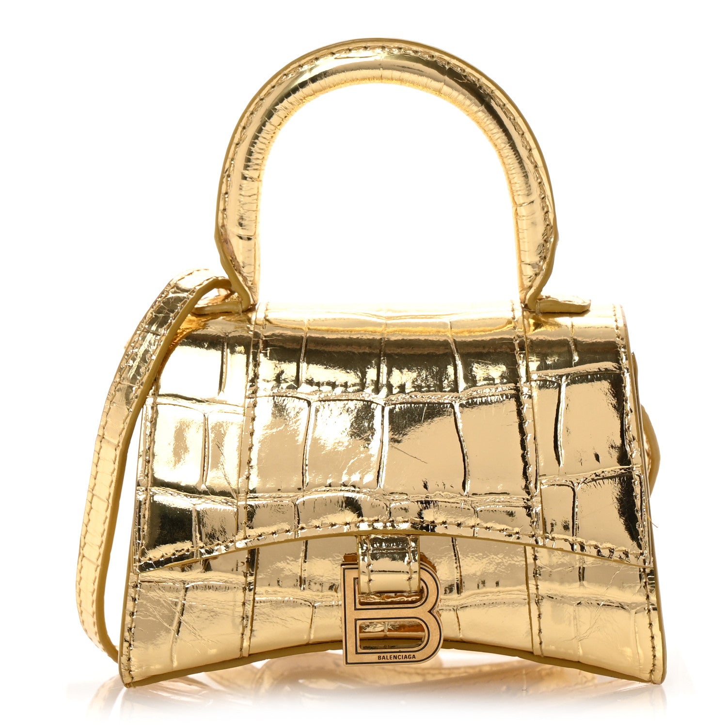 Balenciaga Metallic Calfskin Crocodile Embossed Hourglass Top Handle Bag Mini Gold 1 of 14