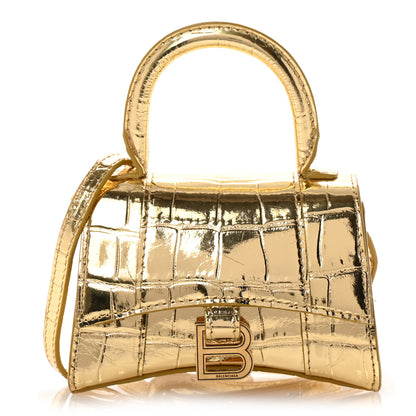 Balenciaga Metallic Calfskin Crocodile Embossed Hourglass Top Handle Bag Mini Gold 1 of 14
