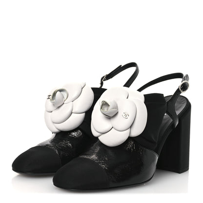 Chanel Crumpled Shiny Fabric Grosgrain Cap Toe Camellia Bow Slingback Pumps 38.5 Black 4 of 11