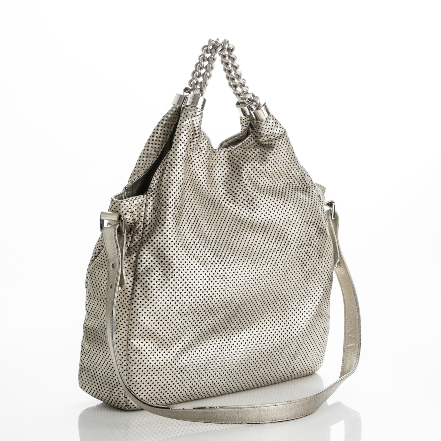 Metallic Glazed Calfskin Perforated Large Rodeo Drive Tote Silver