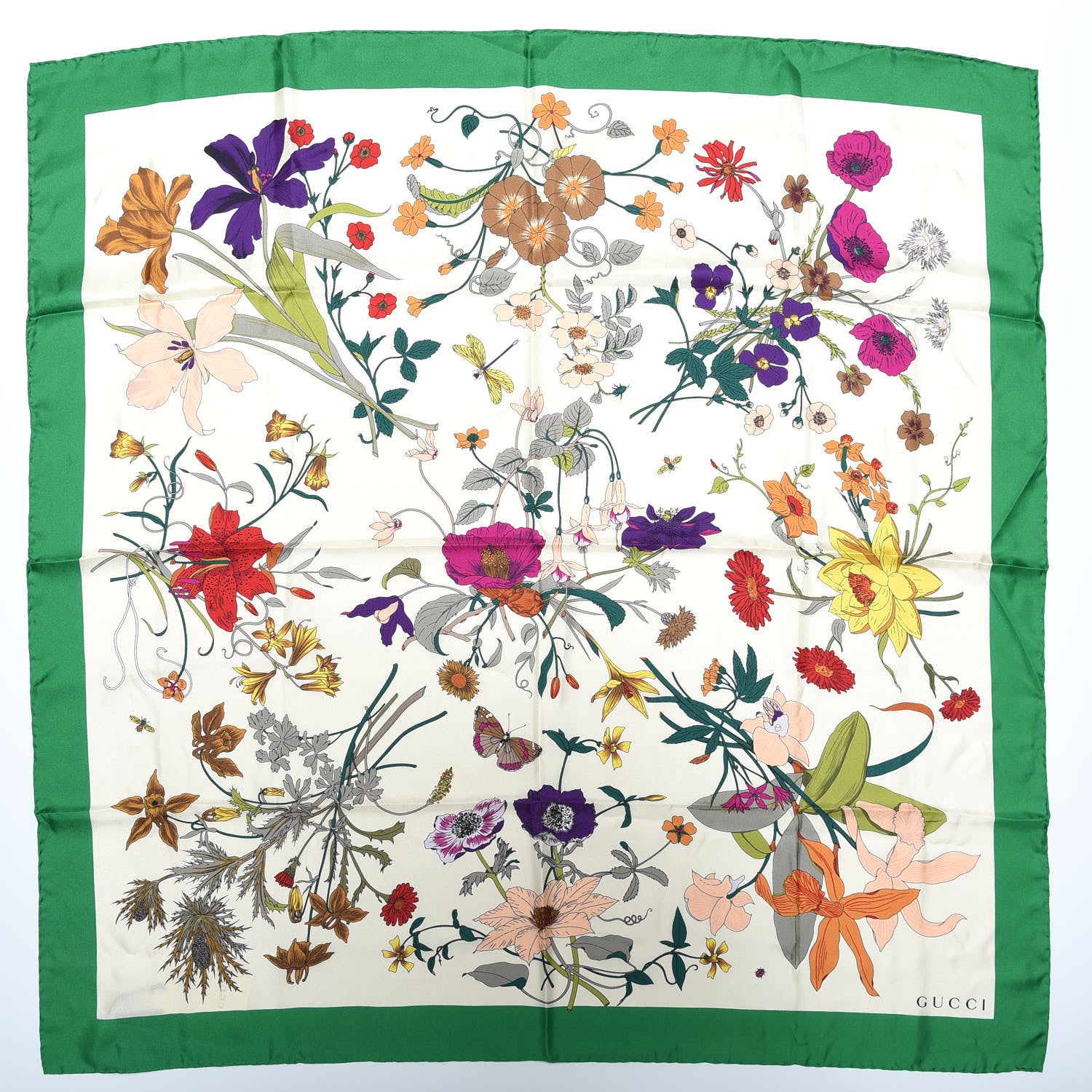 Gucci Silk Flora Gothic Square Scarf Ivory Dark Green 1 of 5