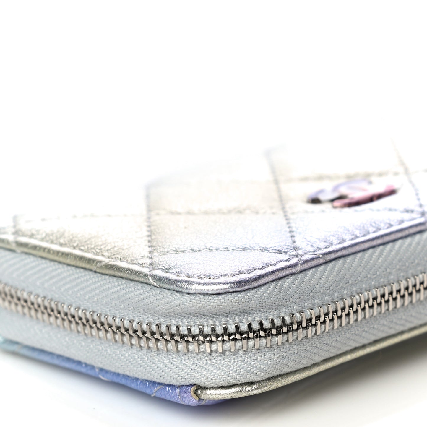 Gradient Metallic Calfskin Quilted Zip Around Coin Purse Wallet Silver Blue Yellow Purple