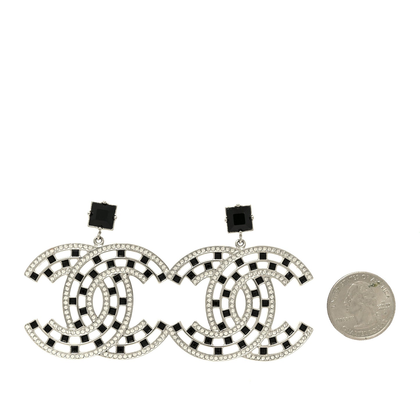 Baguette Crystal CC Drop Earrings Silver Black