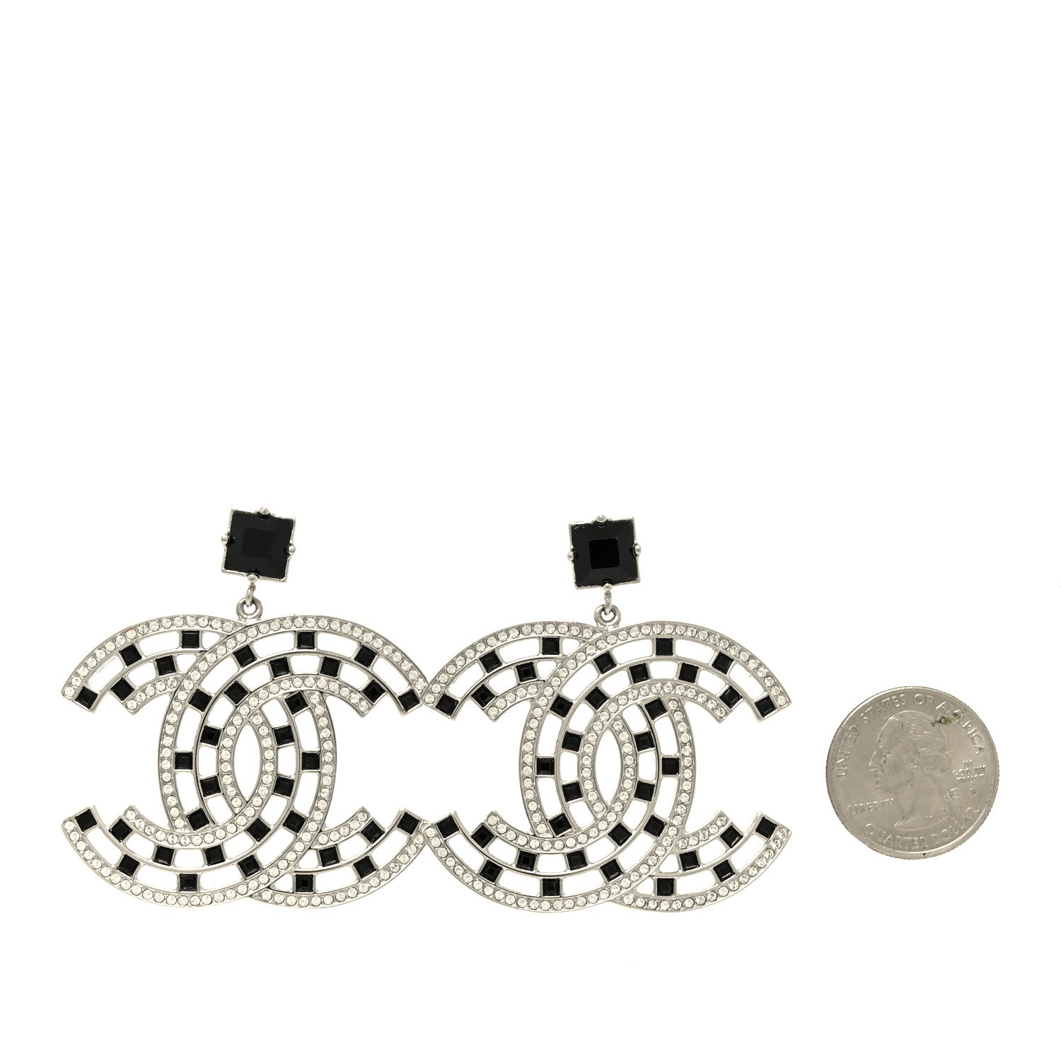 Chanel Baguette Crystal CC Drop Earrings Silver Black 2 of 5