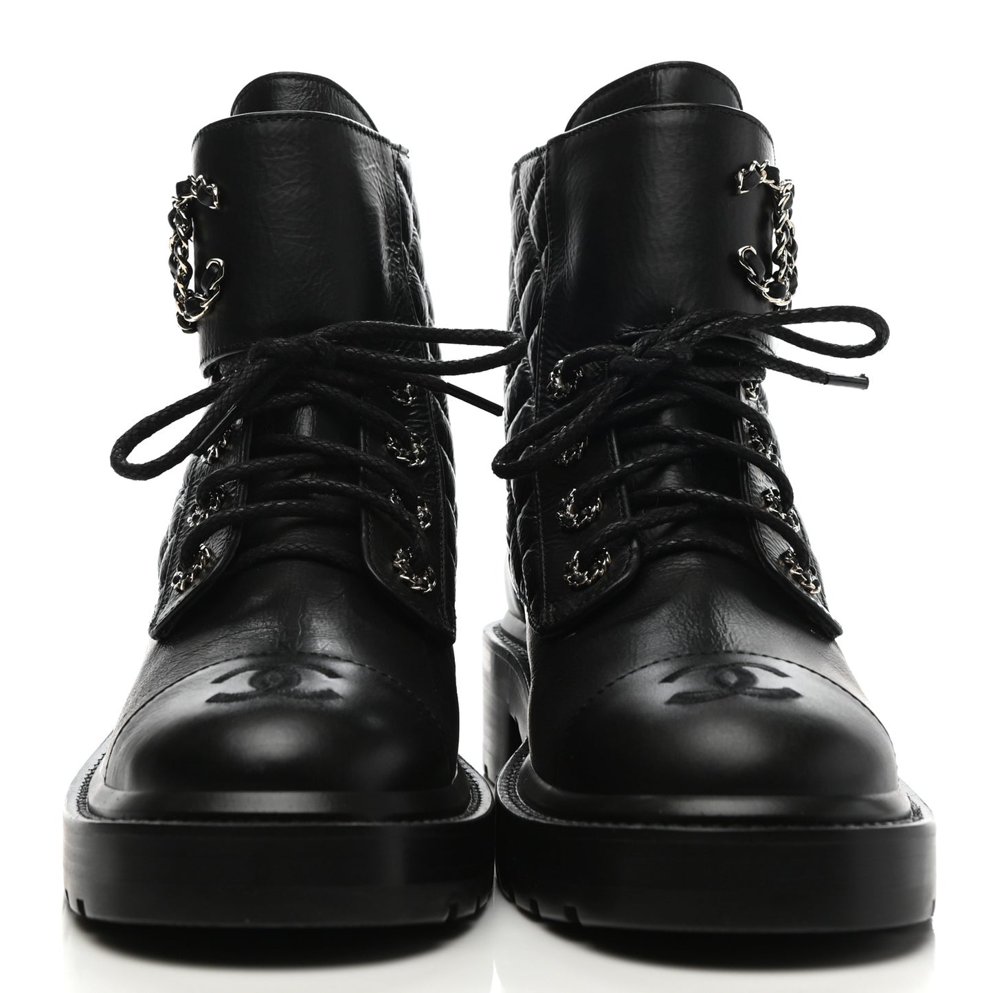 Shiny Goatskin Calfskin Quilted Lace Up Combat Boots 38 Black