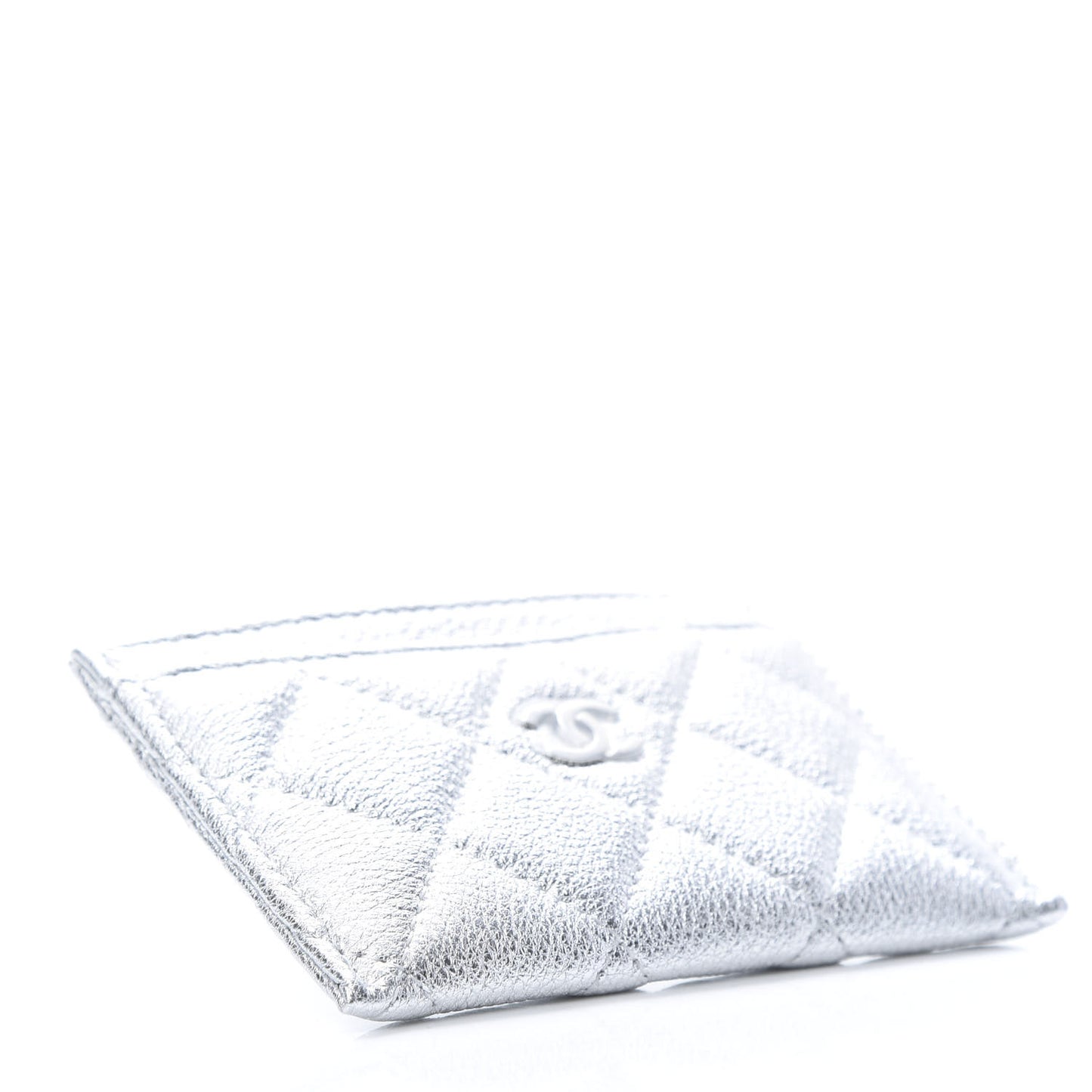 Metallic Lambskin Quilted Card Holder Silver