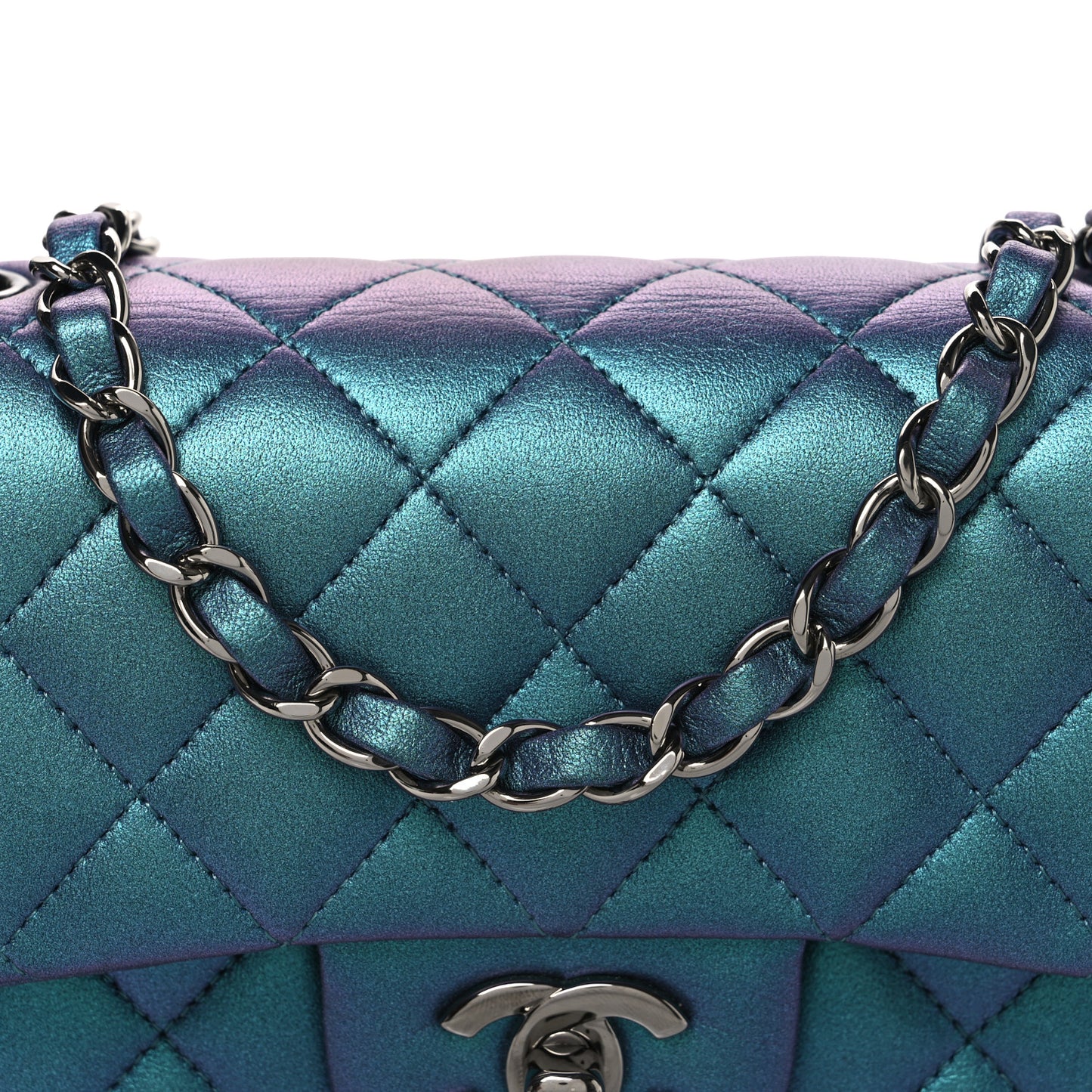 Iridescent Lambskin Quilted Mini Rectangular Flap Turquoise