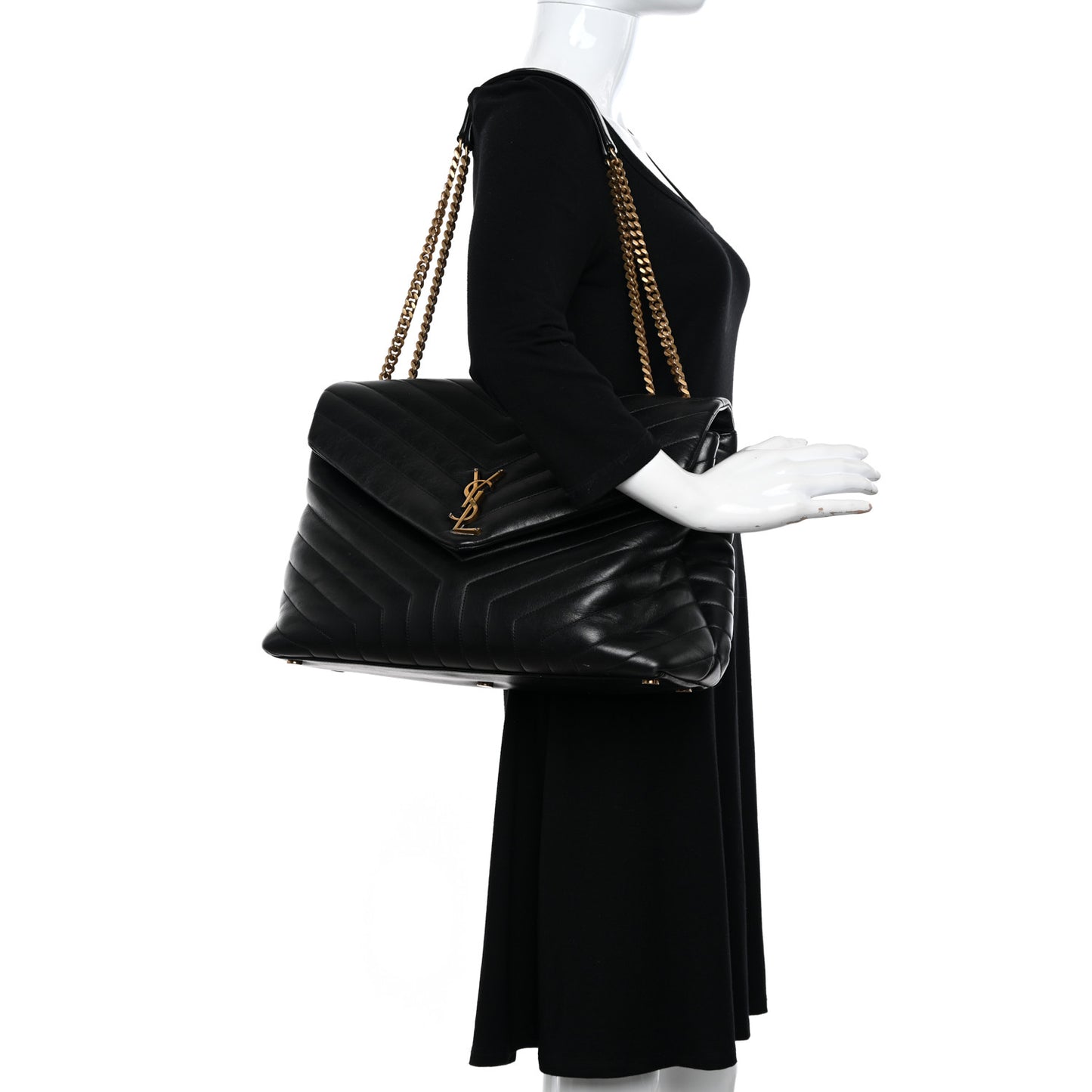 Calfskin Y Quilted Monogram Large Loulou Chain Satchel Black