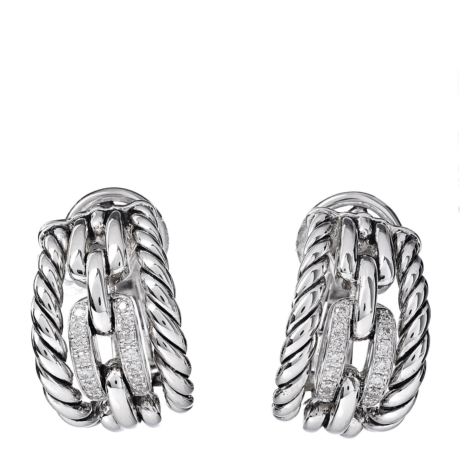David Yurman Sterling Silver Diamond Wellesley Link Hoop Earrings 1 of 4