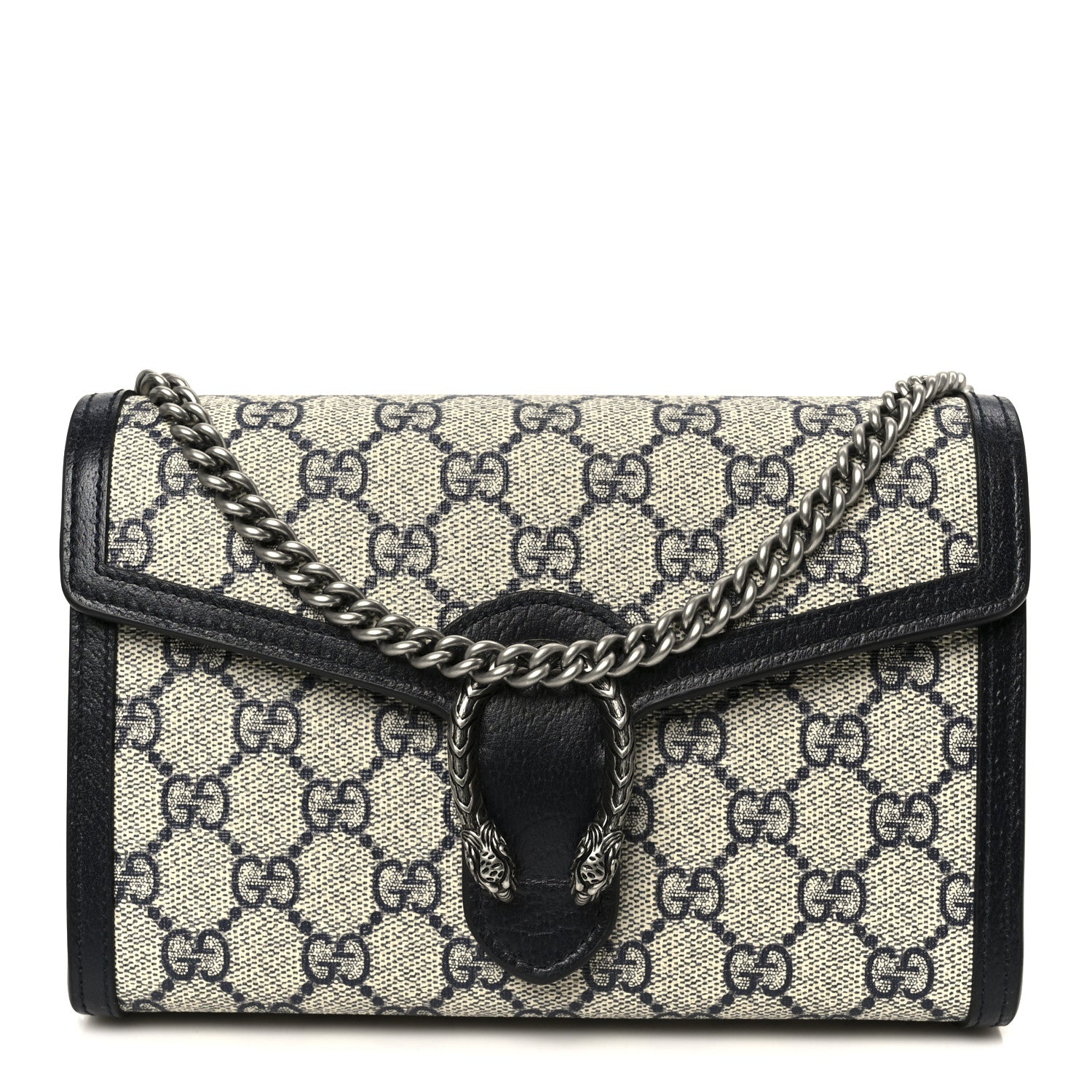 Gucci GG Supreme Monogram Textured Dollar Calfskin Mini Dionysus Chain Wallet Beige Blue 1 of 10