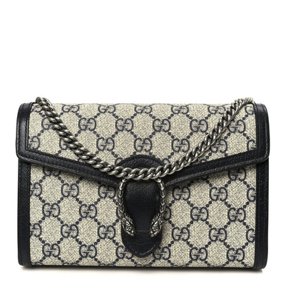 Gucci GG Supreme Monogram Textured Dollar Calfskin Mini Dionysus Chain Wallet Beige Blue 1 of 10