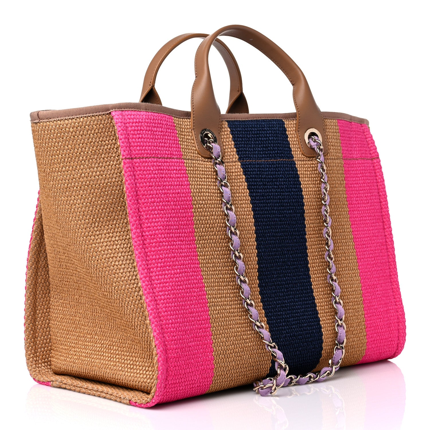 Chanel Straw Raffia Calfskin Striped Medium Deauville Tote Dark Beige Fuchsia Navy Blue 3 of 10