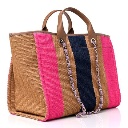Chanel Straw Raffia Calfskin Striped Medium Deauville Tote Dark Beige Fuchsia Navy Blue 3 of 10