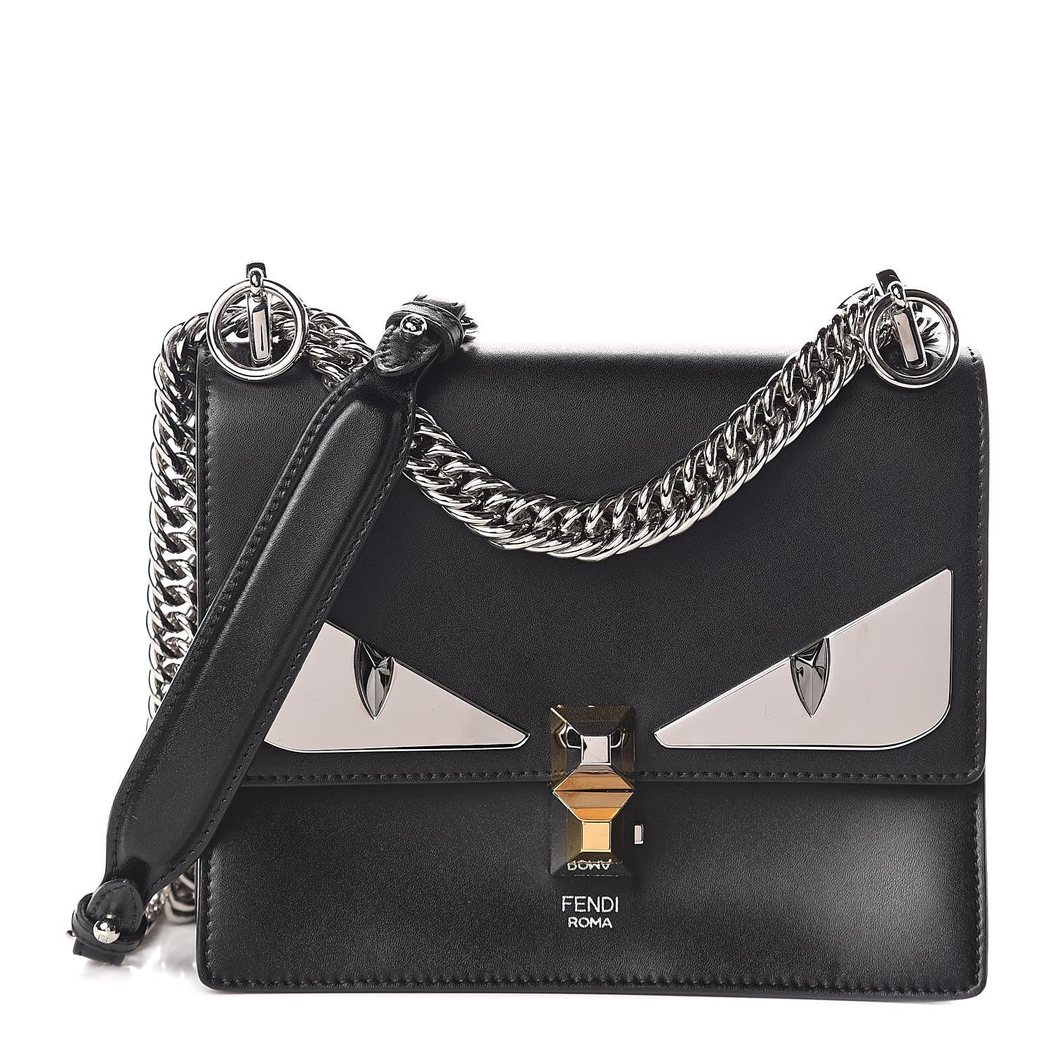 Fendi Vitello Liberty Lucido Metal Monster Eyes Studded Small Kan I Shoulder Bag Black 1 of 9