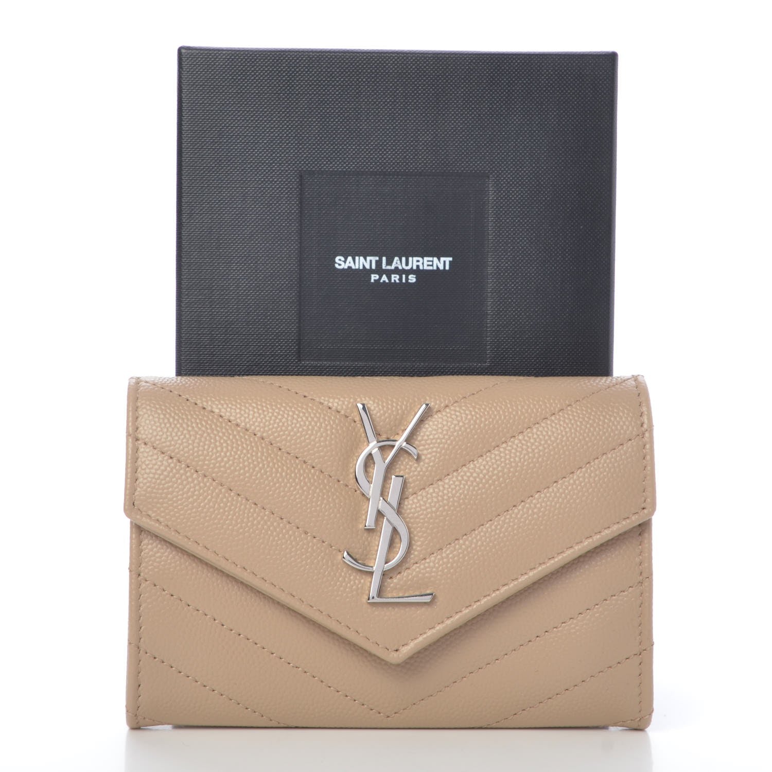 Saint Laurent Grain De Poudre Matelasse Chevron Small Monogram Envelope Wallet Dark Beige 8 of 8