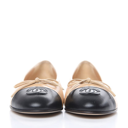 Chanel Lambskin Cap Toe CC Ballerina Flats 36.5 Beige Black 2 of 9