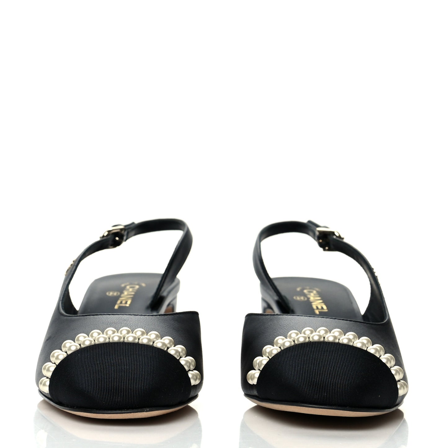 Lambskin Grosgrain Pearl Cap Toe CC Slingback Pumps 35.5 Black