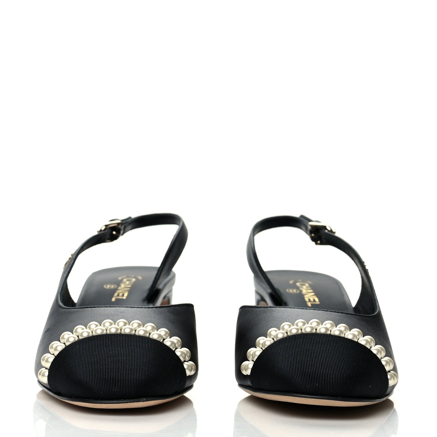 Chanel Lambskin Grosgrain Pearl Cap Toe CC Slingback Pumps 35.5 Black 2 of 9