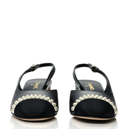 Chanel Lambskin Grosgrain Pearl Cap Toe CC Slingback Pumps 35.5 Black 2 of 9